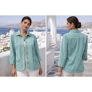 Drapers & Damons Aqua Jacket Size M Cotton Blend Button Front Textured Chic